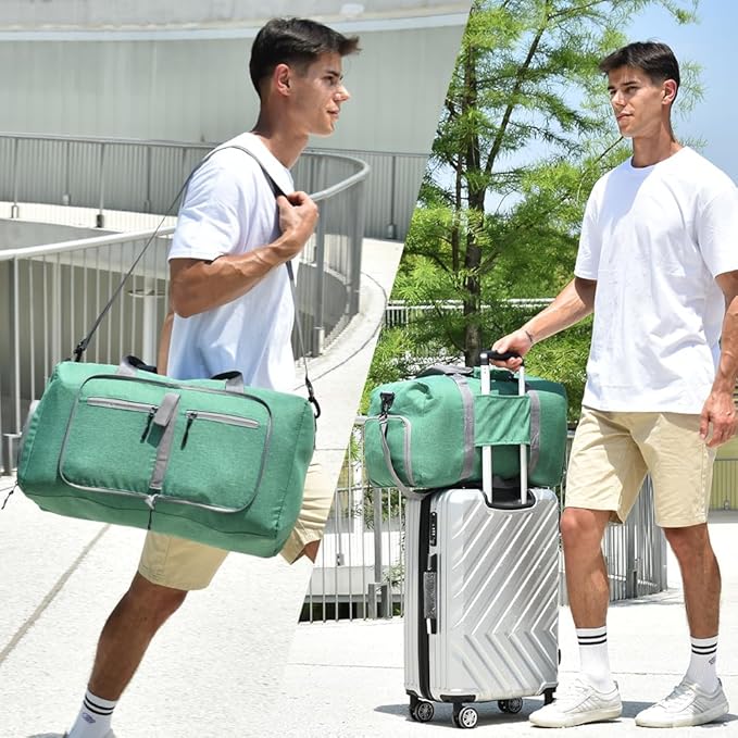Dimayar 65L Travel Duffle Bag for Men Women - Foldable Duffel Bag with Shoes Compartment - Overnight Bags Waterproof & Tear Resistant(Forest Green)