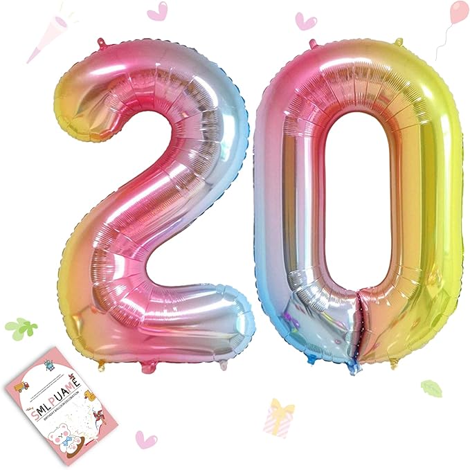 Smlpuame 40 Inch Number Balloons 0-9 Rainbow Gradient Large Number 20 Balloons, Digital Balloons for Birthday Party Celebration Decorations, Helium Foil Number Balloons for Wedding Anniversary