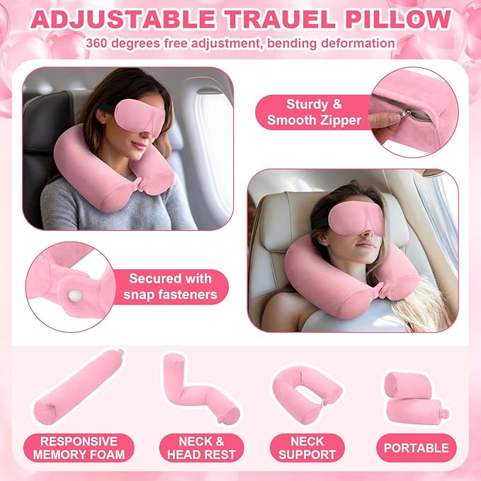 BreezeHug 4 Pcs Travel Comfort Kit with Memory Foam Travel Pillow Airplane Footrest Hammock 3D Contoured Eye Mask Compression Socks Neck Pillow for Car Flight Sleeping Support(Pink)