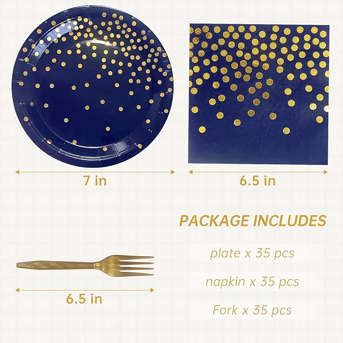Serve 35 Guests Navy Blue and Gold Party Supplies,7 Inch Blue and Gold Paper Plates and Napkins for Birthday Wedding Retirements Graduation Party