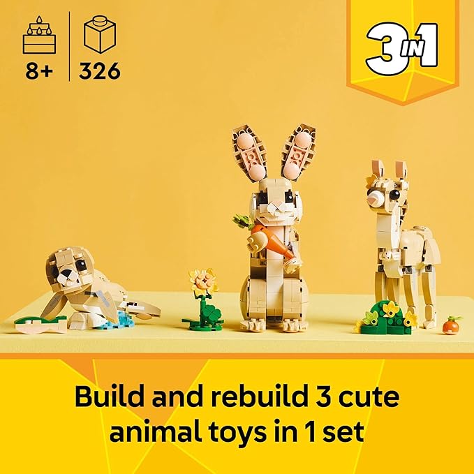 LEGO Creator 3 in 1 Cute Bunny Toy - Building Toy for Girls and Boys, Ages 8+ - Gift for Easter Basket - W/ 3 Build Options, Bunny, Seal, or Llama - 31162