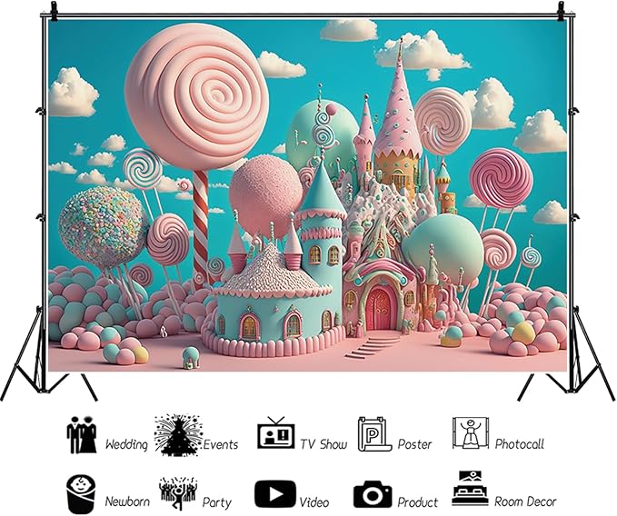 10x6.5ft Candyland Backdrop Fantasy Pink Sweet Candy Castle Photography Background Children's Birthday Party Candyland Theme Decorations Banner Photo Studio Props