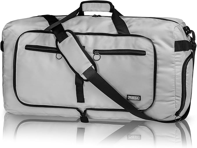 Fmeida 65L Duffle Bag with Shoes Compartment, Foldable Travel Duffel Bags for Men Women, Large Packable Travel Bag Water Repellent & Tear Resistant (Light Gray)