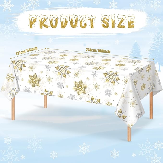 6Pcs Christmas Snowflake Party Tablecloths Decorations,Plastic White and Gold Table Cloth,Winter Rectangle Table Cover for Christmas New Year Birthday Baby Shower Holiday Party Decorations,54x108 inch