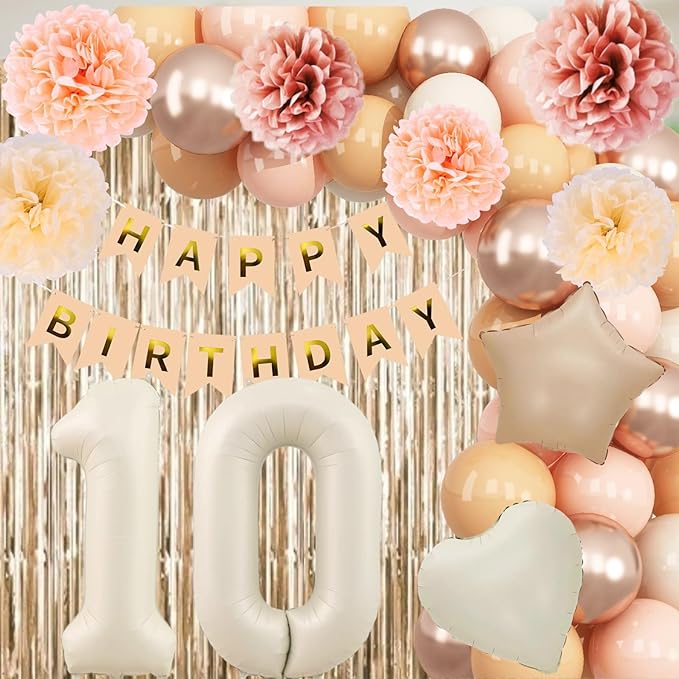 Beige 10th Birthday Decorations Girls Boys Cream Number 10 Balloon Nude Gold Happy Birthday Banner Fringe Curtain Paper Pom Poms Blush White Sand Champagne Star Foil Balloons Neutral Boho Party Decor