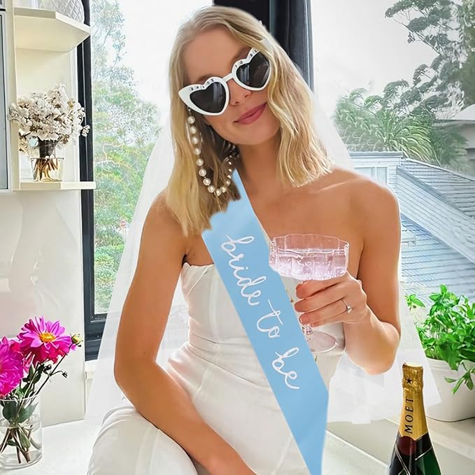 Bride to Be Set: Pearl-Trimmed Heart Sunglasses, Pearl BRIDE Sash & Tulle Veil - Bachelorette Party Bridal Accessories