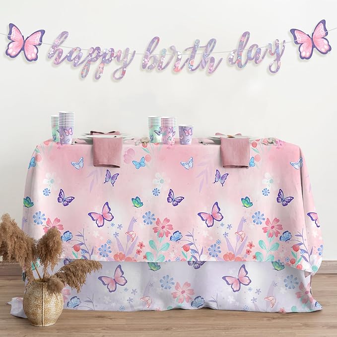 Butterfly Birthday Party Supplies Set - Includes Disposable Plates, Cups, Napkins, Tablecloth, and Banner | Butterfly Party Decorations for Girls Birthday Celebration,Serve 24