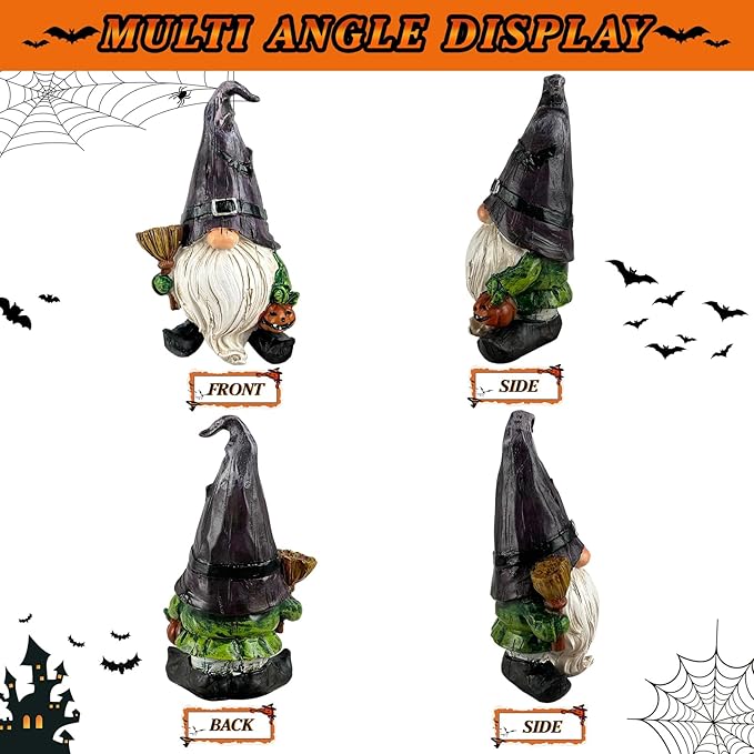 Halloween Gnome Garden Lights Outdoor Solar Halloween Pathway lights, Fall Yard Stakes Fall Decorations Gnome Statue with Bat&Pumpkin, Gnomes Gifts Fairy Garden Lights for Outside Lawn(Purple)