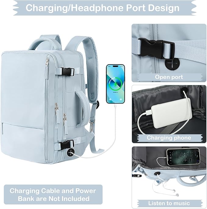 Hanples Large Travel Backpack for Women, 35L Carry on Luggage Backpack,17 Inch Laptop Backpack with USB Charging Port, Waterproof Casual Bag Gift for Men with 2 Toiletry Bags (Light Blue)