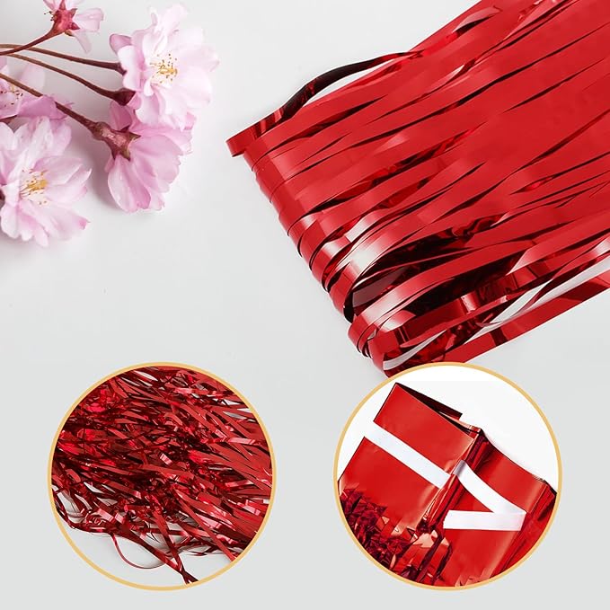 6 Pack Red Foil Curtain Backdrop 3.2ft x 6.6ft Metallic Tinsel Fringe Backdrop Curtains Streamer Photo Booth Backdrop for Birthday Engagement Bachelorette Christmas Holiday Party Decorations
