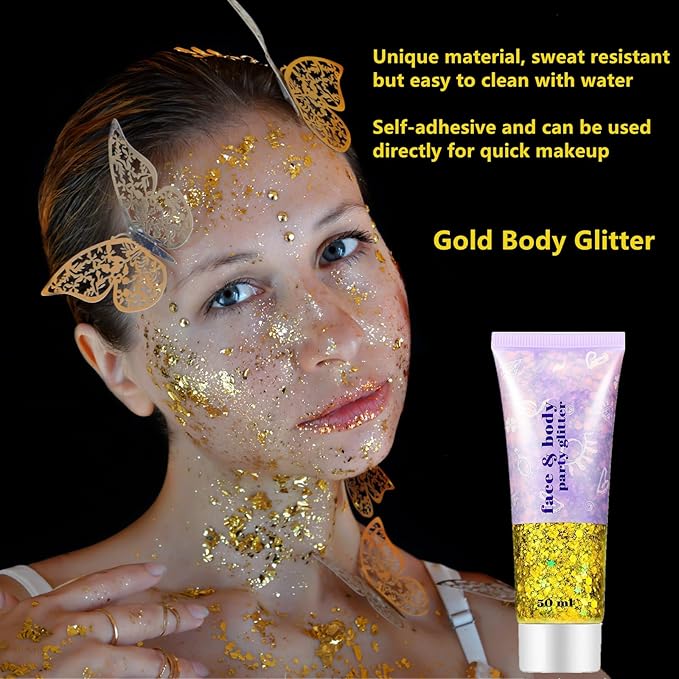 Go Ho Gold Face Body Glitter,Mardi Gras Glitter Makeup Gold Face Paint,Holographic Chunky Sequins Glitters for Eye Lip Hair Nails,Festival Rave Accessories,52g
