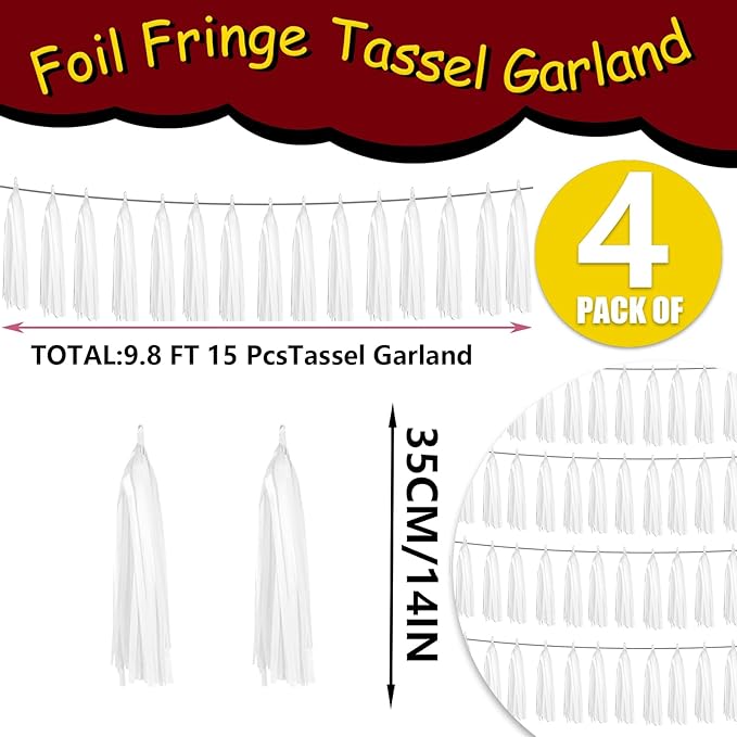 4P White Foil Fringe Metallic Tassel Streamers Banner Tassel Garland for Parade Floats, Graduation, Wedding, Birthday, Halloween, Christmas, Bridal/Baby Shower Party Decorations