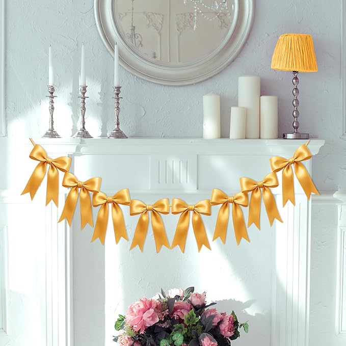 1 String of 8PCS Golden Bow Garland Banner Decoration,Pre-Strung Satin Ribbon Ornaments for Birthday,Bachelorette Party,Bridal Shower,Wedding,Engagement,Baby Shower,Graduation Decor,Anniversary