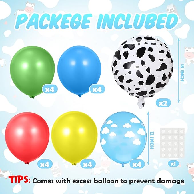 2 Sets Cartoon Birthday Party Decorations Table Centerpiece Red Yellow Blue Green Balloon Stand Kit with Cloud Cow Print Foil and Latex Balloon for Baby Shower Farm Animals Wedding Supplies