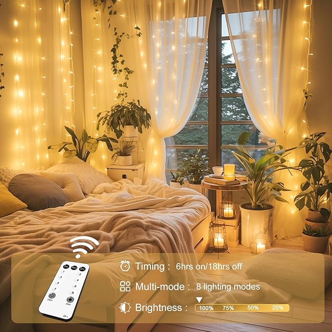 JMEXSUSS 300 LED Remote Control Curtain Lights, Plug in Fairy Curtain Lights Outdoor, Window Wall Hanging String Lights for Bedroom Indoor Dorm Backdrop Wedding Party Patio Christmas Decor, Warm White