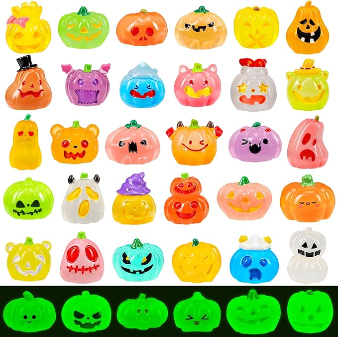 36 Pcs Halloween Luminous Mini Resin Pumpkin Figures Fall Small Resin Pumpkin Decoration Glow in The Dark Artificial Pumpkin Miniatures to Hide for Crafts Dollhouse Halloween Party Home Table Decor