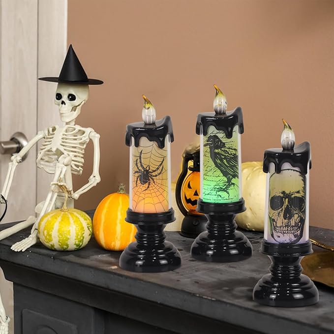 Eldnacele Halloween Flameless Candle Lamp Battery Operated with Remote and Timer, Spooky Horror Skull Crow Spider Decals LED Candle Lights Indoor Home Decor Candles Set of 3, 2.8" D x 7.8" H