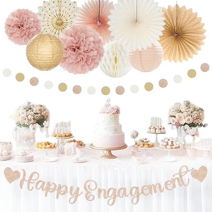Champagne-Gold Fall Boho Happy-Engagement Party-Decorations - 21pcs Women She Said Yes Proposal Banner Streamers, Beige One Sweet Peach Paper Lanterns,Flower Tissue Pom Poms Fan Favors Decor Huglony