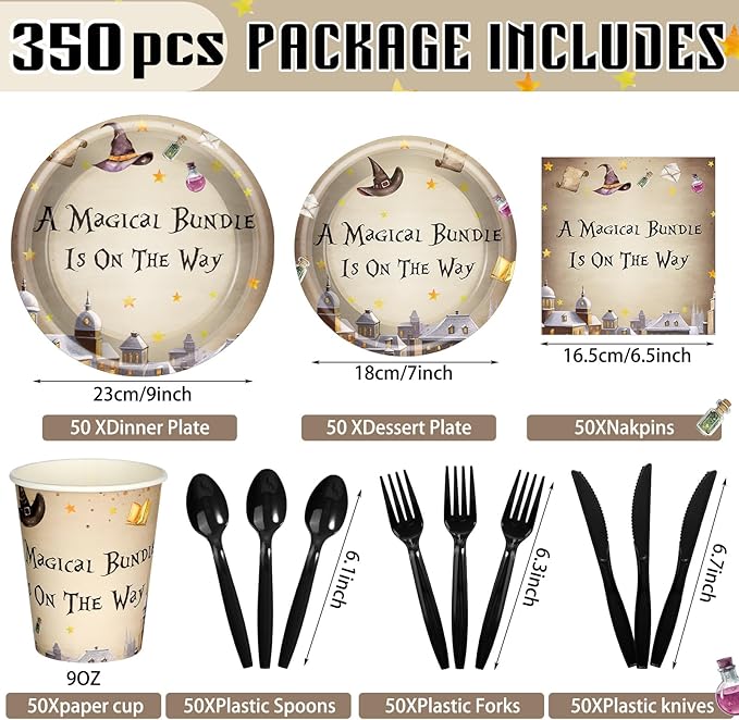 Dandat 350 Pcs Baby Shower Plates Set Baby Shower Party Supplies Serves 50 Tableware Sets Include Plates Napkin Cup Forks Knives Spoons Disposable Dinnerware(Magical Wizard,Black)