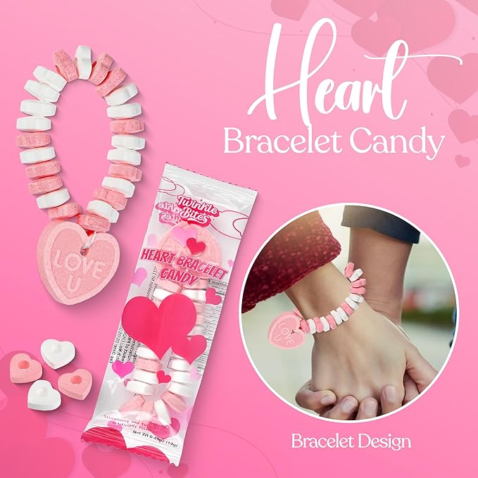 60 Pack Valentines Day Bracelet Candy – Individually Wrapped Holiday Themed Love Heart Candies – Strawberry, Tutti Frutti Delicious Flavors – Bulk Valentine Candy's Great Use, For Kids Party Favor, Classrooms Partys, Goodie Bags