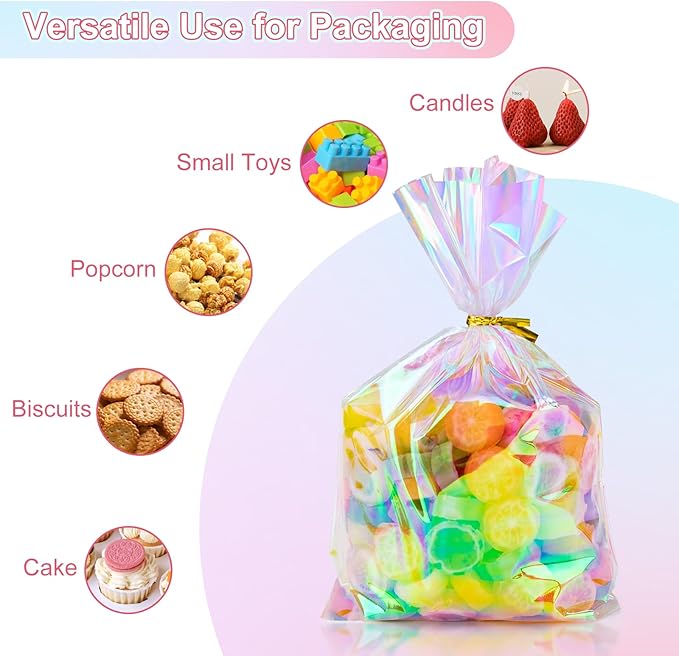 160Pcs Iridescent Cellophane Treat Bags with Ties, 6x9 Inch Holographic Plastic Goodie Baggies for Party Favors, Candy, Cookies Packing, Gift Wrapping