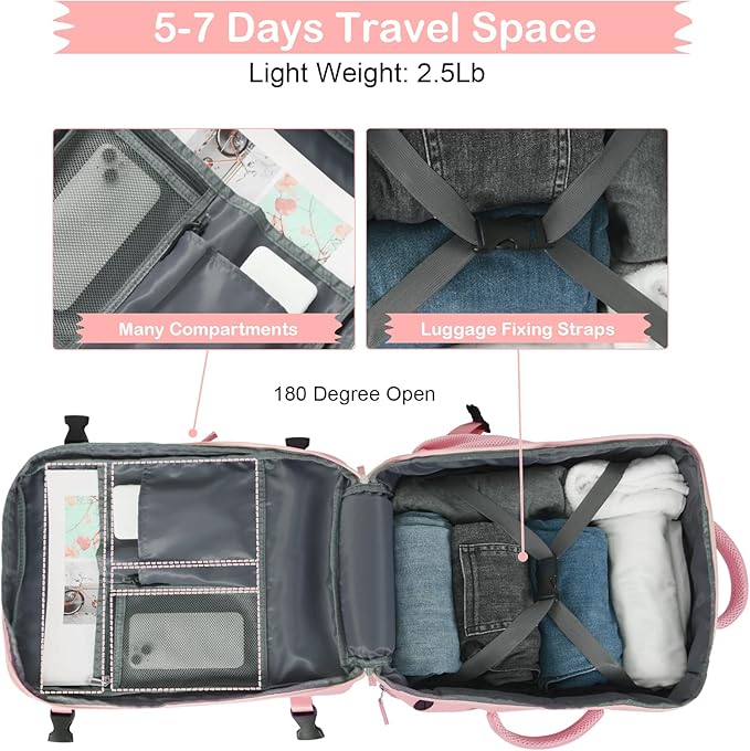 Hanples Carry on Travel Backpack for Women, Large 35L Personal Item Luggage Backpack,17 inch Laptop Backpack TSA Flight Approved, Travel Essentials Casual Daypack with 2 Toiletry Bags (Pink)