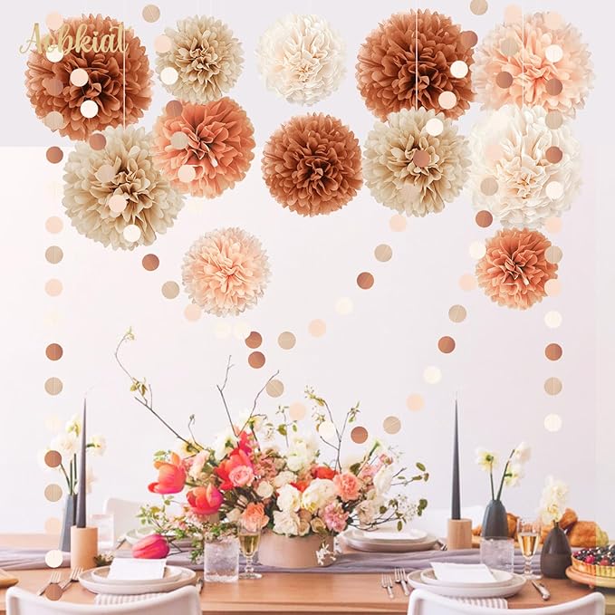 AOBKIAT Boho Fall Wedding Baby Shower Decorations,15PCS Brown Peach Tissue Paper Pom Poms,Circle Dots Colorful Paper Garland String Hanging Backdrop for Birthday Party,Retro Bridal Shower Engagement