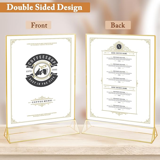 Floroom 12 Pack 8.5x11 Inch Clear Acrylic Sign Holders, Double-Sided Gold Display Stand Picture Frames for Table Numbers, Menus, Flyers, Weddings, and Offices