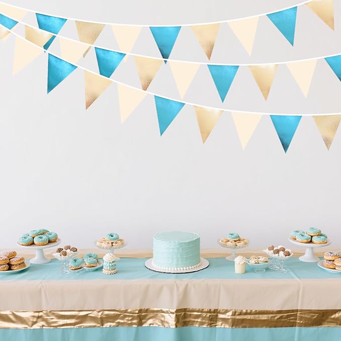Champagne Gold Sky Blue Beige Decorations Metallic Fabric Triangle Pennant Banner Bunting Flag Garland for Birthday Baby Shower Engagement Wedding Graduation Bridal Shower Party Decorations Supplies