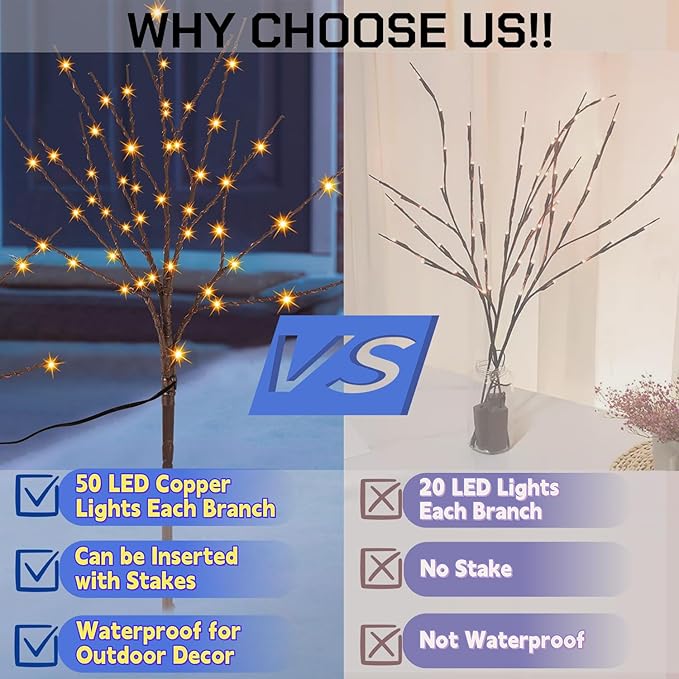 Lighted Christmas Tree Branches, 30IN 100LED Artificial Brown Twig Branch with Warm White Lights, Timer & Battery Operated, Waterproof for Indoor Outdoor Holiday Xmas Office Bedroom Party Decorations