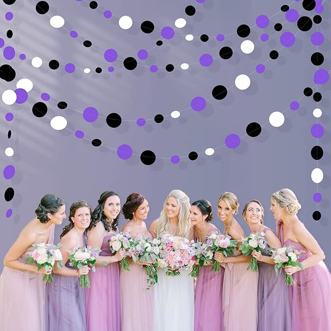 46Ft Purple Black Circle Dots Garlands Black Purple and White Polka Dot Hanging Paper Streamer Banners for Birthday Graduation Wedding Bridal Shower Baby Shower Halloween Party Decorations Supplies