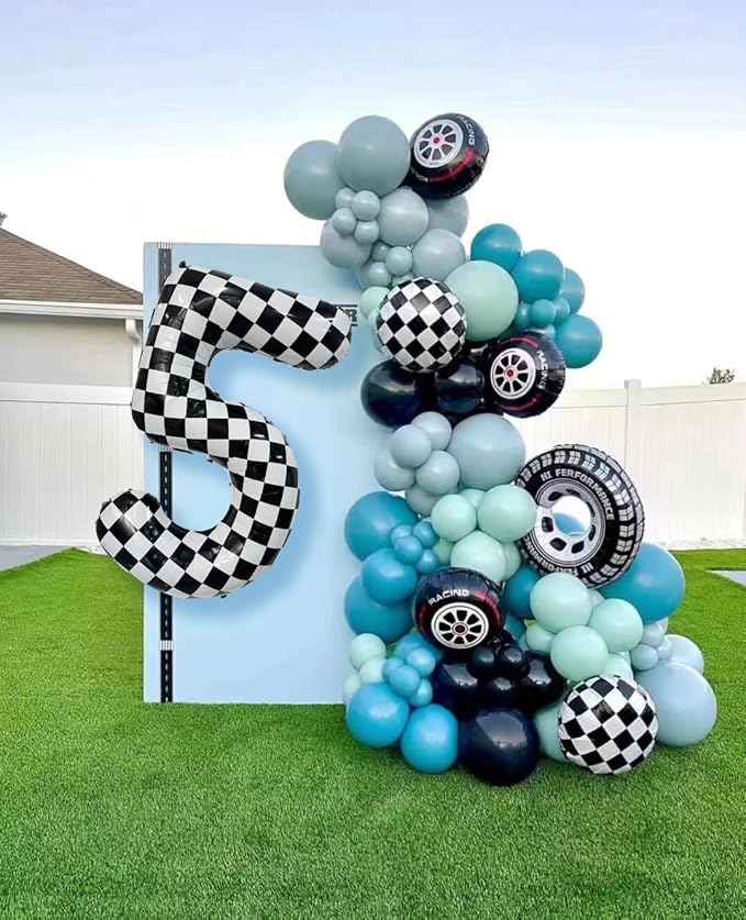 40 Inch Checkered Number Balloon 4 Black and White Number 4 Balloon Foil Helium Balloons for Birthday Party Decoration Girls Boys Baby Shower Anniversary Decoration Race Car Party Decoration