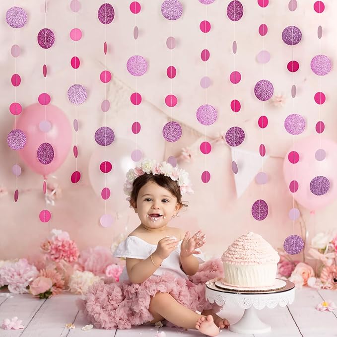 8 Pack Pink Glitter Dot Garland, Hanging Circle Streamers Banner, Backdrop Hanging Decorations for Bridal Showers, Baby Showers, Valentine’s Day, Birthdays, and Romantic Celebrations