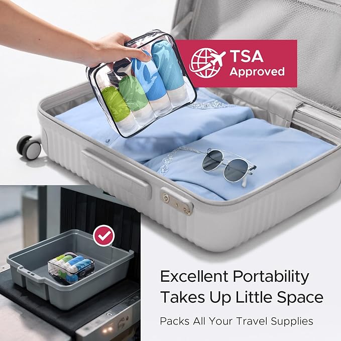 LitBear 23 Pack TSA Approved Travel Bottles for Toiletries, Leak Proof Refillable Travel Size Containers Kit with Silicone Squeezable Bottles Jars for Shampoo Lotion Conditioner, in Clear Bag, Blue
