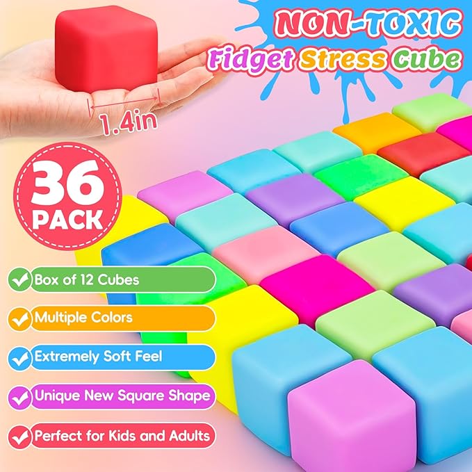 36 Pack Slow Rising Stress Cube, Dough Stress Balls Squishy Fidget Toys Bulk for Anxiety Relief, Soft Fidget Cube, Pull Stretch Squishy Toys for Classroom Prize, Party Favors for Kids Adults