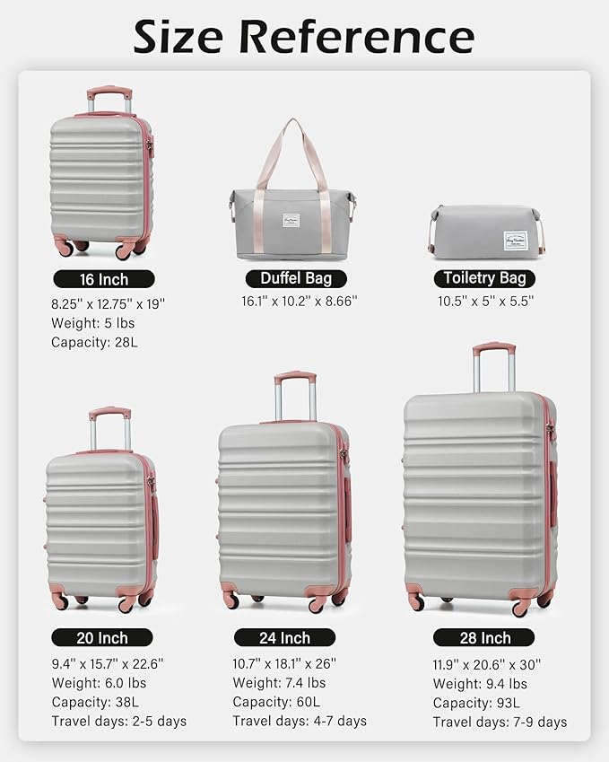 LONG VACATION 6 Piece Luggage Set Carry on Suitcase with ABS+PC hardshell, Spinner Wheels & YKK Zipper TSA Lock (GREY-PINK, 6 piece set)