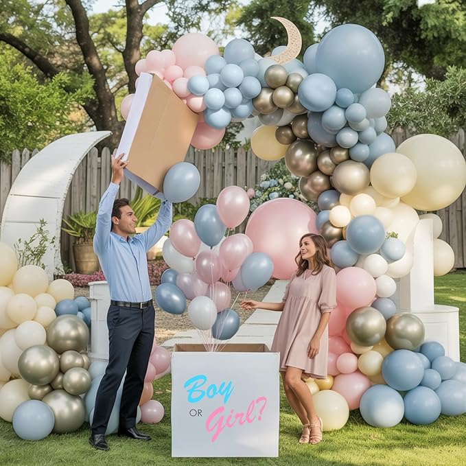 Baby Pink Blue Gender Reveal Balloon Garland Arch Kit, 120pcs Dusty Blue Pink Cream and Pastel Gold Balloons for Boho Neutral Oh Baby Shower Birthday Decor Gender Reveal Party Decorations Supplies