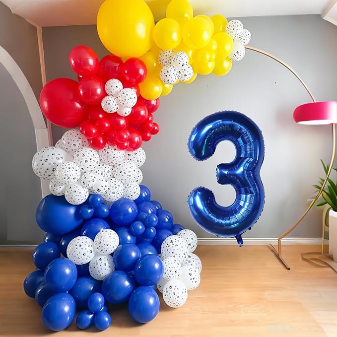3rd Birthday Decorations Boy, Dog Paw Three Years Old Party Arch with Red Blue Yellow Long Latex Balloons 40 inch Number 3 Balloon and Star Foil for Paw Birthday Party Supplies