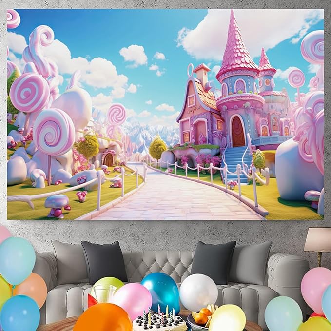 6x4ft Candyland Backdrop Pink Sweet Candy Castle Fairy Tale Photography Background for Girls Princess Birthday Baby Shower Party Decorations Kids Portraits Banner Photo Studio Props