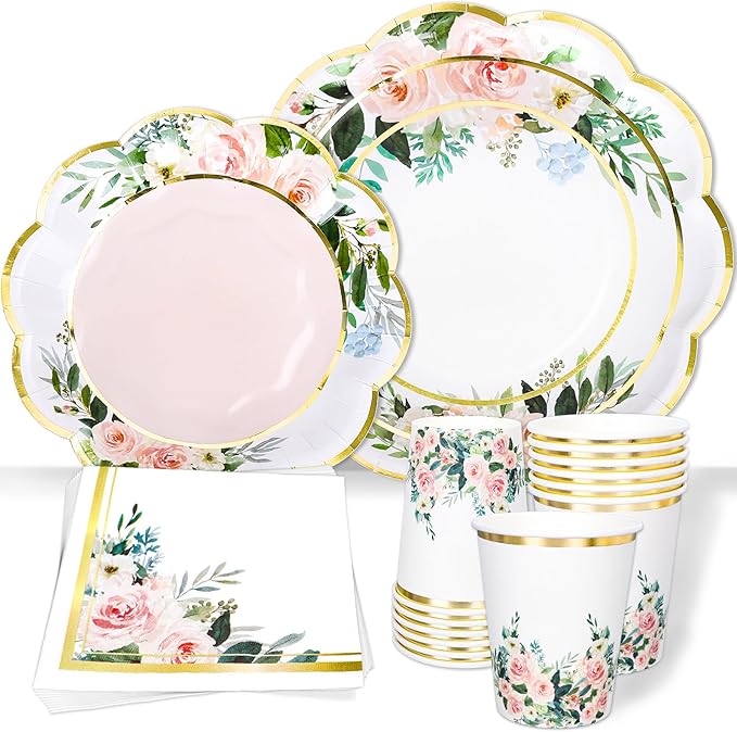 Whaline 100Pcs Pink Floral Paper Tableware Set Spring Flower Gold Foil Disposable Dinnerware Scalloped Plates Napkins and Cups for Wedding Birthday Baby Bridal Shower Party Supplies Table Decor