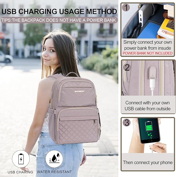 EMPSIGN Laptop Backpack Purse for Women and Men with USB Charging Port, 15.6 Inch Travel Water Resistant Quilted Backpack, High-Capacity 30L Work Business Computer Backpack, Quilted Grey Pink
