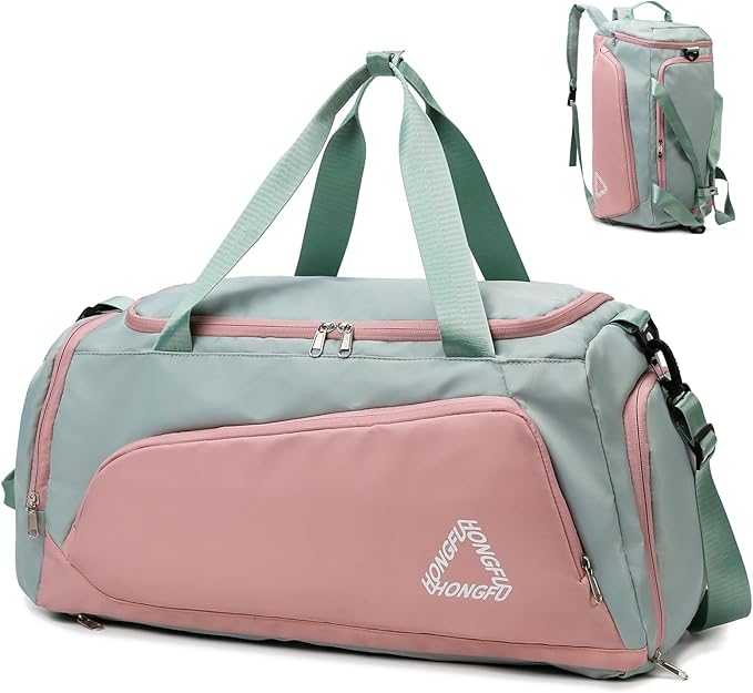 Eslcorri Gym Duffle Bag for Women Men, Sports Backpack with Wet & Shoe Compartment, Fitness Overnight Weekender Bag for Yoga, Swim, Travel (C, GreenPink)