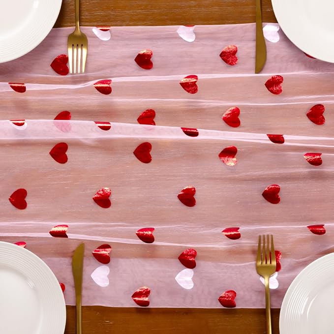 Socomi Valentine's Day Red Heart Table Runner Gauze Sheer Romantic Sequin 10FT Glitter Metallic Foil Dining Wedding Birthday Party Baby Shower Holiday Centerpiece Table Decor 3pcs Pink