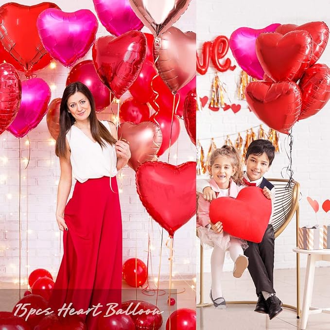 Upgraded Rose Gold and Red Balloons - Pack of 15 - Heart Shaped Foil Balloons for Valentines Day Wedding Birthday Bridal Shower Baby Shower Decorations
