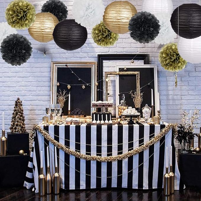 Black Gold Party Decorations, Black Gold Paper Lanterns and Pom Poms Flowers for Birthday Graduation Masquerade New Years Party Decor 15 Pieces