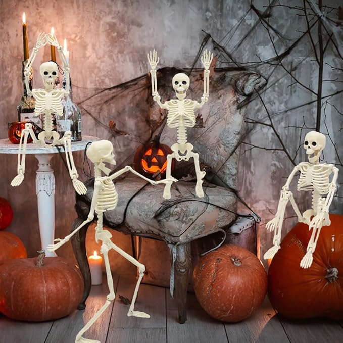 6 Packs Halloween Skeletons, 16 Inch Posable Skeletons Halloween Decorations with Movable Posable Joints, Full Body Mini Plastic Skeleton for Yard Garden Lawn Haunted House Graveyard Props Decor