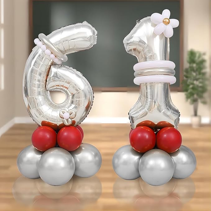 32 In Silver Large Numbers Balloons 0-9, Self Inflating Number 6 Balloons for Boys Girls, Big Silver Digit 6 Balloons for Women Men Birthday Party Anniversary Wedding Supplies Decorations