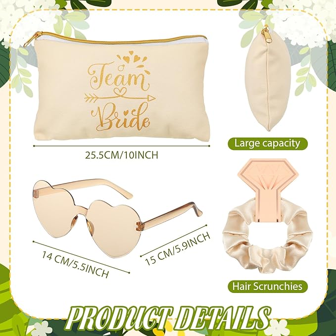 Sweetude 27 Pcs Bridesmaid Proposal Gift Bride Cosmetic Makeup Bags Bridal Hair Scrunchies Ties Heart Shape Sunglasses for Wedding Bachelorette Party Favor(Champagne, White)