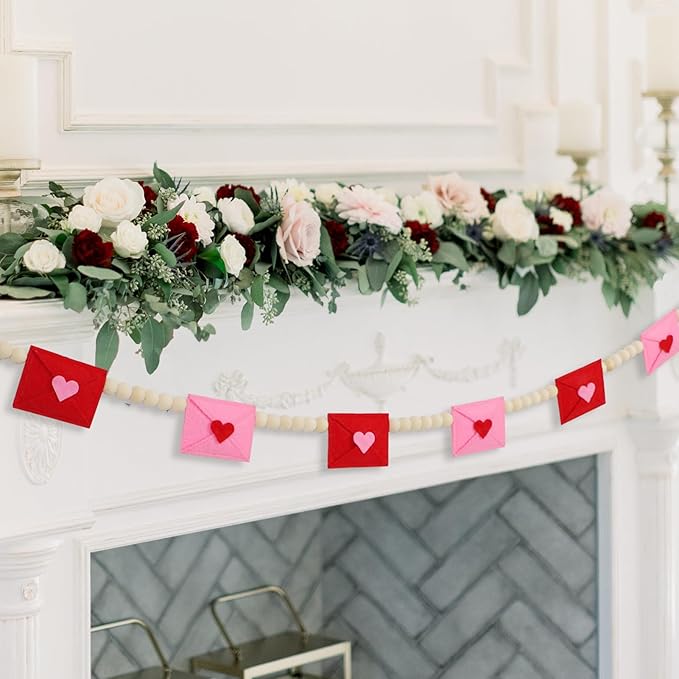 DAZONGE Retro Valentines Day Decor, Felt Envelope Wood Bead Valentines Garland Banner, Valentine’s Day Banner for Wedding, Anniversary Decor