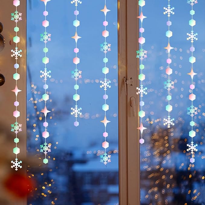Snowflake-Snow Iridescent-Holographic Christmas Party-Decorations Streamers - 52Ft White Winter Wonderland Frozen Hanging Paper Garland Banner,Birthday Wedding Baby Shower New Year Supplies Hugtmr